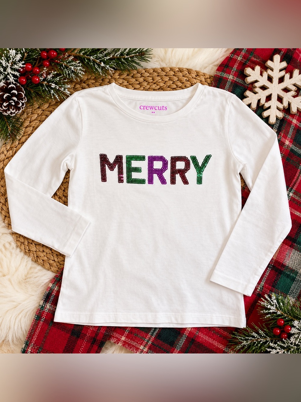 J.Crew Crewcuts Girls Merry Sequin Holiday Shirt Size 6-7 HOL